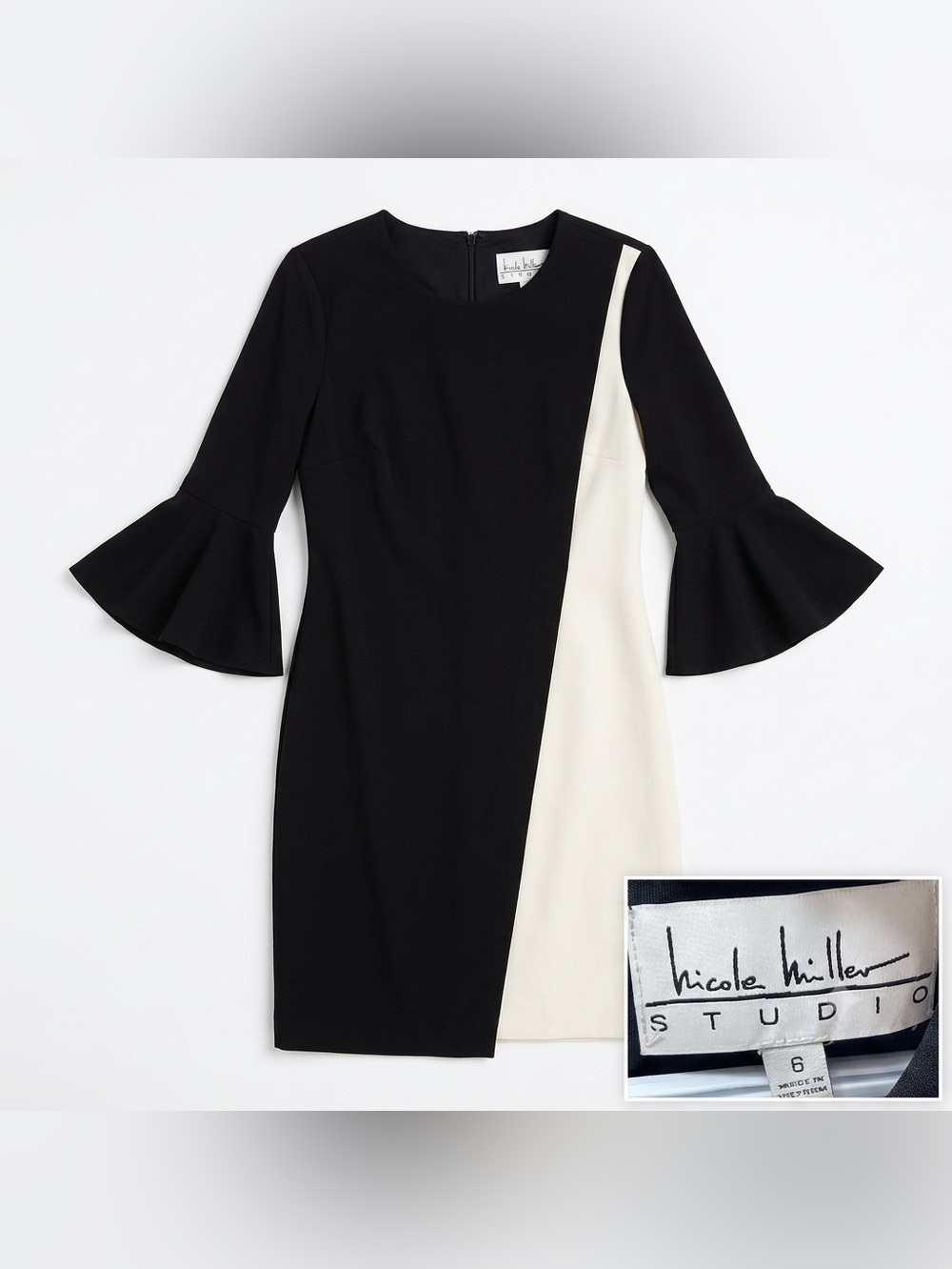 Nicole Miller Studio Dress Womens 6 Black Cream Excellent Colorblock Bell Sleeve